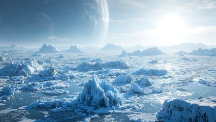 Fleecedeken met foto Majestic polar landscape with icy glaciers and frosty patterns under a gentle winter sun © GMeta