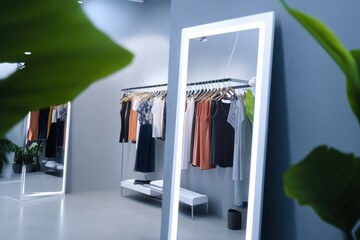 Modern clothing boutique displaying stylish garments with bright lighting and mirrors