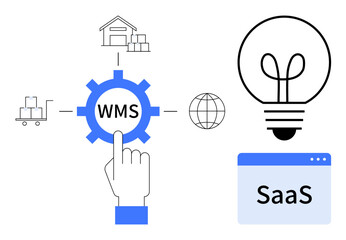 Hand interacting with WMS gear, connected to warehouse, global network, and delivery. Light bulb for innovation, SaaS browser for software solutions. Ideal for logistics, supply chain, innovation