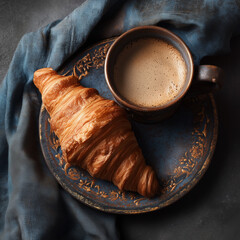 Croissant and Coffee on Vintage Plate with Dark Fabric Background