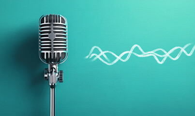 Fototapeta premium Studio microphone for recording podcast or streaming with soundwave on cyan background