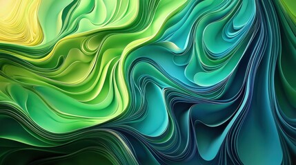 A mesmerizing display of flowing patterns in various shades of green and blue fills the composition, showcasing a dynamic and vibrant abstract art style with rich textures