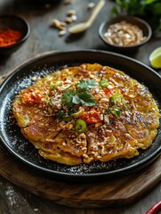 Delicious savory pancake topped with vegetables.