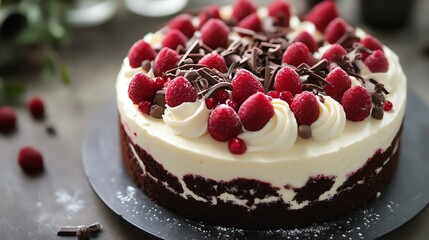 Delicious red velvet cake with raspberries.