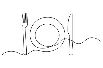 Continuous one line drawing of knife and fork outline art illustration isolated on white background
