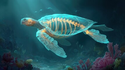 Fototapeta premium Semi-Realistic Illustration of a Glowing Sea Turtle Skeleton Swimming Gracefully Among Coral Reefs, Highlighting the Radiant Aqua Light and Intricate Details of Underwater Life