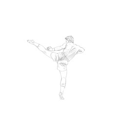 sketch of a man demonstrating muay thai martial arts moves on a white background