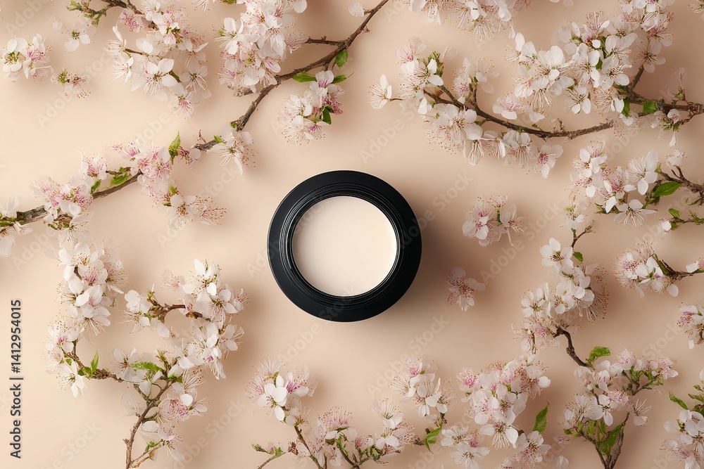 Aufkleber a cream colored container surrounded by flowering branches on a light beige background surface view