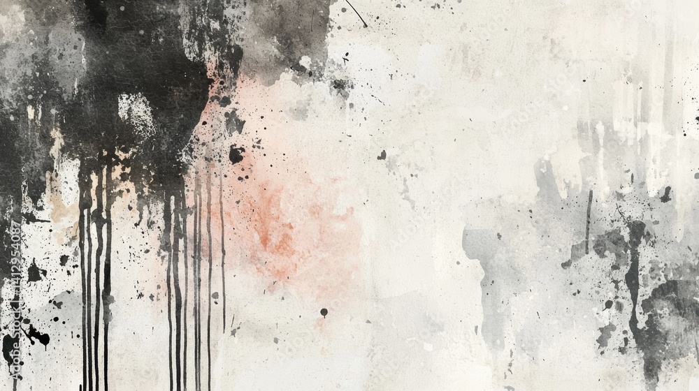 Aufkleber an abstract artwork features a blend of black and gray tones with soft pink accents. drips and splat