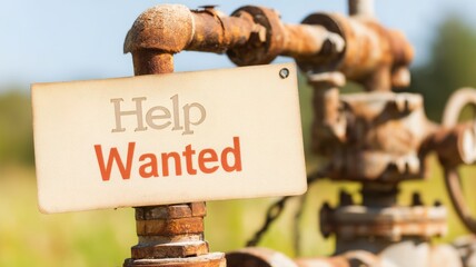 Financial crisis. Rusty valve with a "Help Wanted" sign in a rural setting, conveying job opportunities.