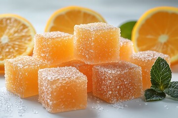 Homemade Orange Marmalade Candy Cubes With Fresh Orange Slices And Mint Leaves