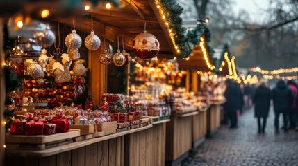 A festive Christmas market with wooden stalls selling ornaments and hot chocolate --ar 16:9 --v 6.1 Job ID: 719882a5-6570-4363-b5ed-0769537bb108