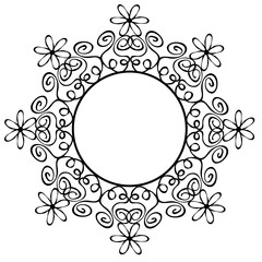 Beautiful round black frame decorated with abstract floral pattern on white background