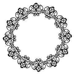 Beautiful round frame in black with floral pattern on white background