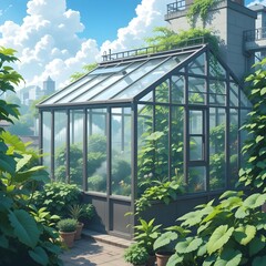 Fototapeta premium Anime rooftop greenhouse with morning fog and green light