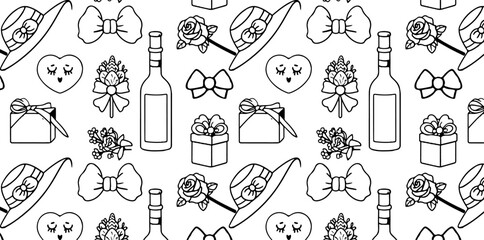 Fototapeta premium Doodle Style Valentine's Day Repeat Pattern Vector Design of Wine, Roses, Bows, Gifts, and a Heart with Eyelashes