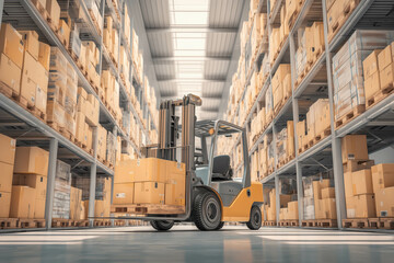forklift moving boxes inside large warehouse, organized shelves around, photo