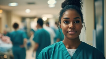 Fototapeta premium A young Black female nurse in a hospital setting, exuding professionalism and compassion while attending to patient care in a busy medical environment.