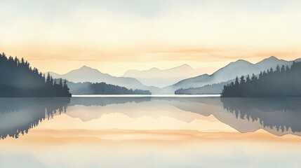 Fototapeta premium Calm waters reflect the soft hues of dawn while mountains rise in the background, creating a peaceful atmosphere perfect for contemplation and relaxation