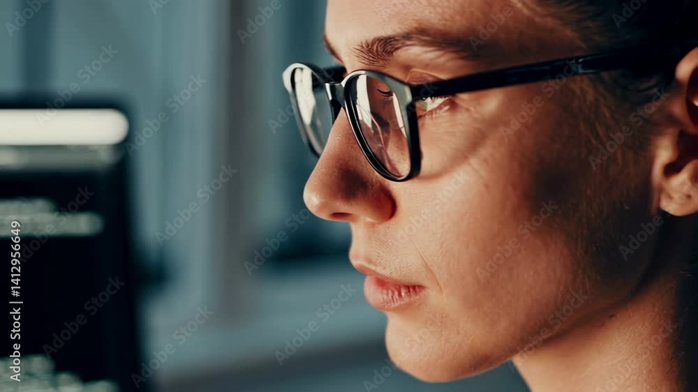 Poster Female programmer wearing glasses concentrating on source code. Working late at night in dimly lit office. Analyzing complex data on computer monitor with intense focus and professional determination