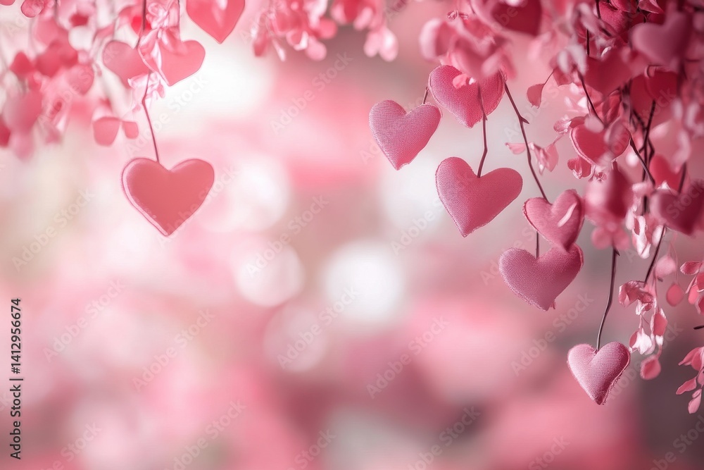 Poster a scattered array of pink heart shaped candies and sugar granules on a soft pink gradient background