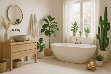 Minimal boho bathroom with indoor plants and natural light
