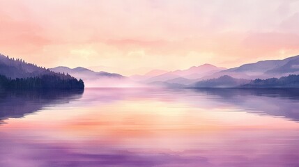 Fototapeta premium At dusk, a calm lake mirrors soft pastel colors against misty mountains. The tranquil waters create a peaceful atmosphere, inviting reflection and relaxation