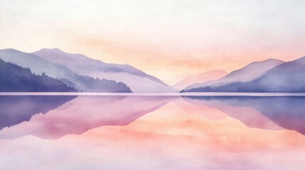 Obraz premium A stunning view features a calm lake at sunset reflecting soft pastel colors and misty mountains in the background, creating a peaceful atmosphere in nature