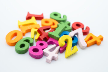 Naklejka premium Number wood block cubes for learning Mathematic, education math.