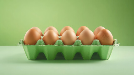 Brown eggs nestled in green cardboard carton, arranged symmetrically against matching verdant backdrop with ample negative space