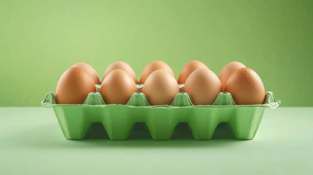 Brown eggs nestled in green cardboard carton, arranged symmetrically against matching verdant backdrop with ample negative space - Powered by Adobe