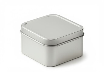 A simple square metal tin container with a lid sitting on a plain white surface in a studio shot