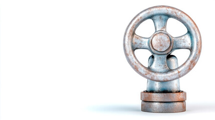 Obraz premium Rusty metal industrial valve with rotating wheel handle on white background