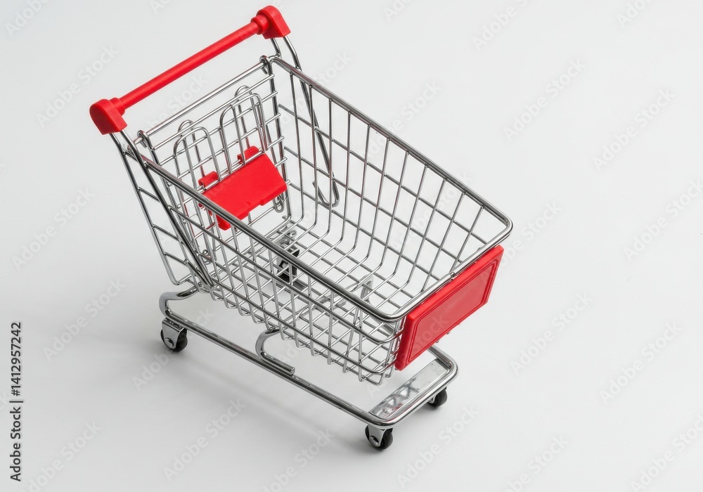 Poster a miniature shopping cart with red accents on a white background in a studio setting angled view