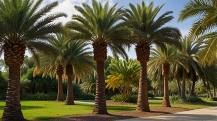 Fototapeta premium Palm trees line a park path, sunny day (1)