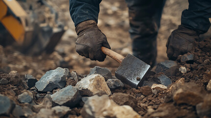Iron ore miner using a hammer and chisel to break rocks at the excavation site. Featuring manual labor and rock breaking