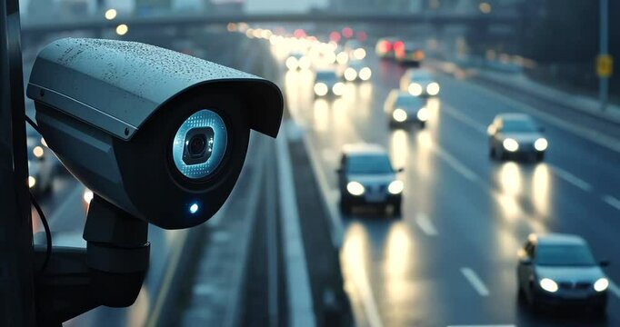 Traffic camera captures busy evening traffic in urban area during light rain