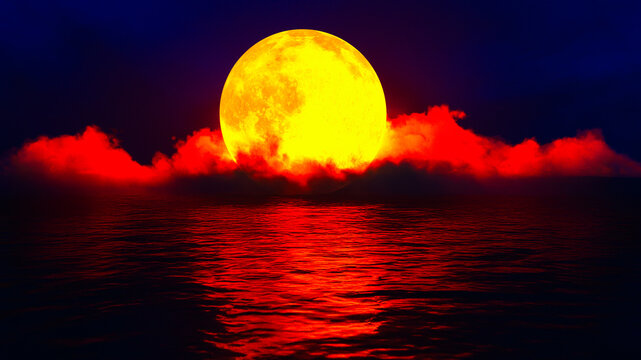 blood red moon over the ocean (3d rendering,this image elements furnished by NASA)