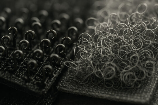 Velcro Macro Texture: An up-close, textured shot of two contrasting strips of velcro, one a dense matrix of hooks, the other a soft, looped surface.
