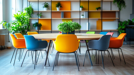 Modern collaborative workspace featuring an oval table, colorful chairs, and a vibrant, plant filled bookshelf, creating an inspiring environment