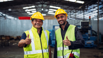 Team of mechanical engineers working together by factory machines. Teamwork in the industrial workplace.