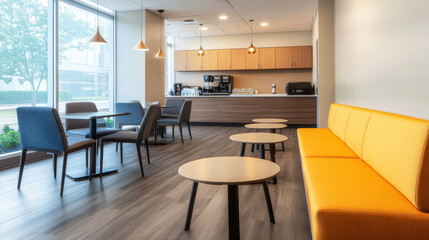 Modern breakroom featuring curved sectional seating, minimalist low tables, hanging pendant lighting in contemporary office lounge space