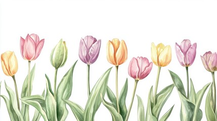 Fototapeta premium Vibrant tulips in shades of pink, yellow, and purple are elegantly arranged with green leaves against a clean white background, capturing the essence of spring