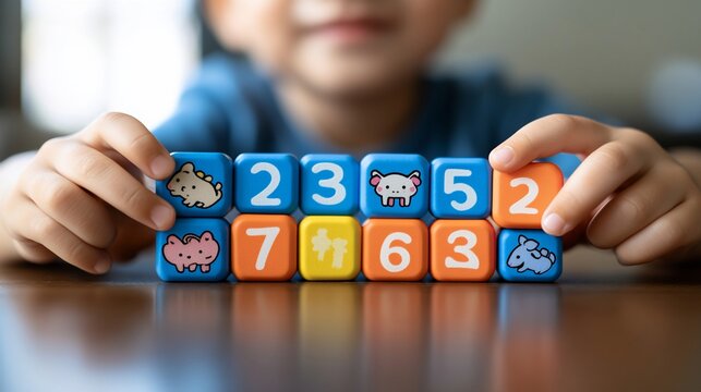 Engaged Young Mind Plays with Vibrant Number Blocks, Child Development concept