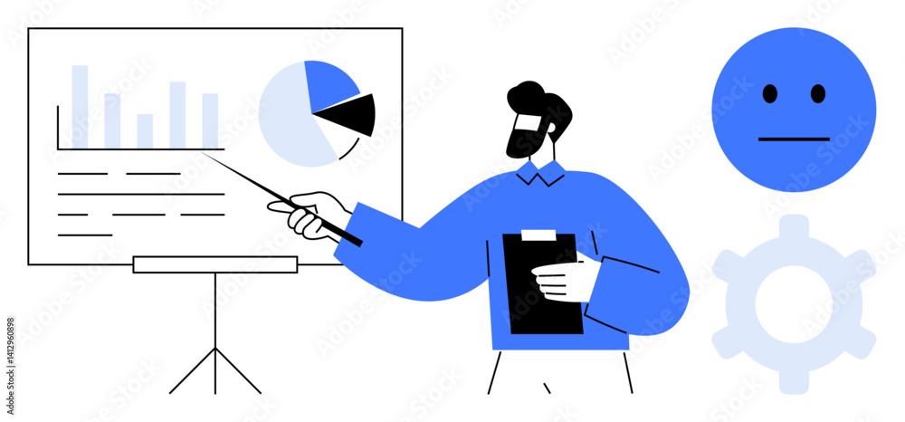 Poster male presenter explaining bar chart and pie chart on board using pointer. neutral face emotion and g