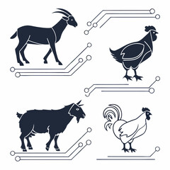 Vector set features farm animal silhouettes including cow, pig, chicken, and sheep illustrations