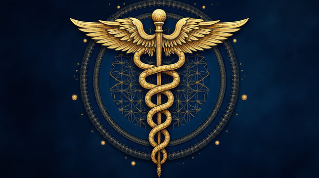Generative AI Golden Caduceus Symbol on Deep Blue caduceus symbol gold blue wings snakes staff medical ornate background healing medicine wellness health - Download Now