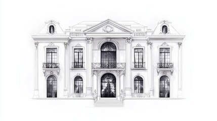 Fototapeta premium Elegant mansion façade showcasing classic architecture and intricate details in black and white illustration.