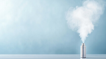 Modern vape device emitting a cloud of vapor, with a clean design and soft ambient light on a light grey blue background