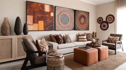 Aboriginal art-inspired living room with dot-painted canvases, earthy ochre tones, and handwoven fiber art. 